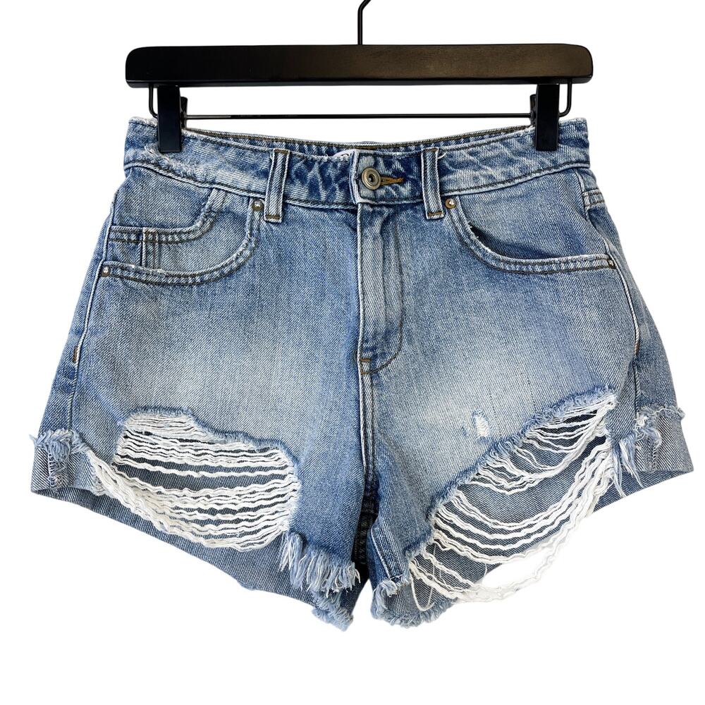 Zara Size 2 Cotton High Rise Distressed Denim Shorts Festival Blue